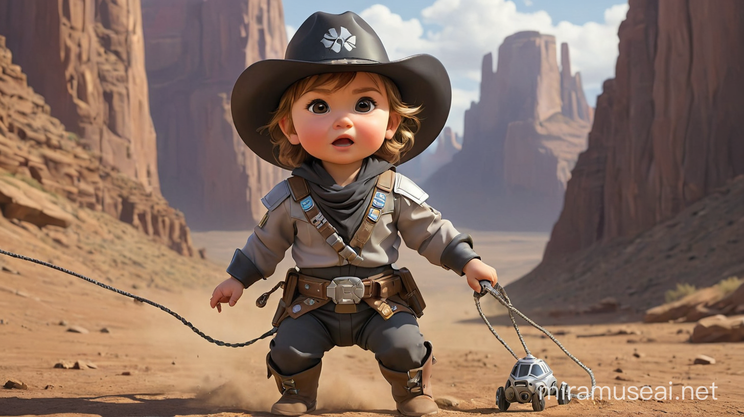 Adorable Baby Cowgirl Roping Tie Fighter on Cliff Edge