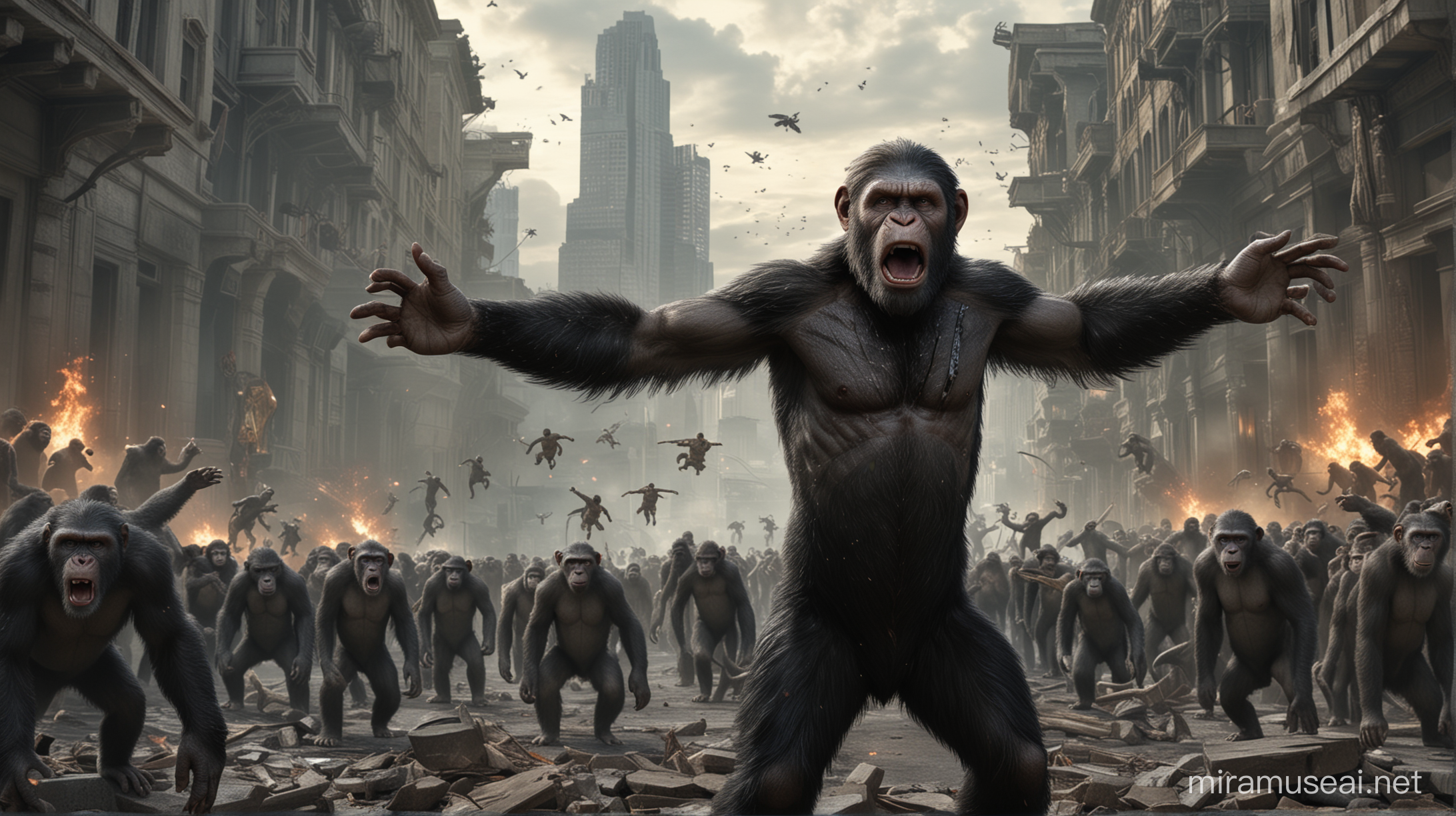 Realistic Caesar character from rise of the planet of apes standing strongly with muscles rising his right hand in a ready for war his face screaming in the center of the design behind him group of monkeys from the planet of the apes the background is crashed city , Caesar is wearing a crown 