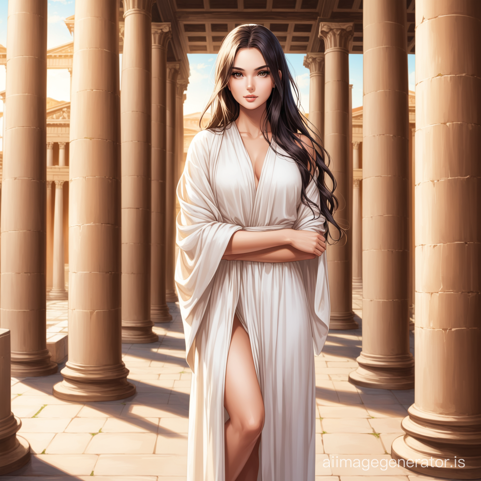 beautful long hair woman in toga or robe, roman pillars background,