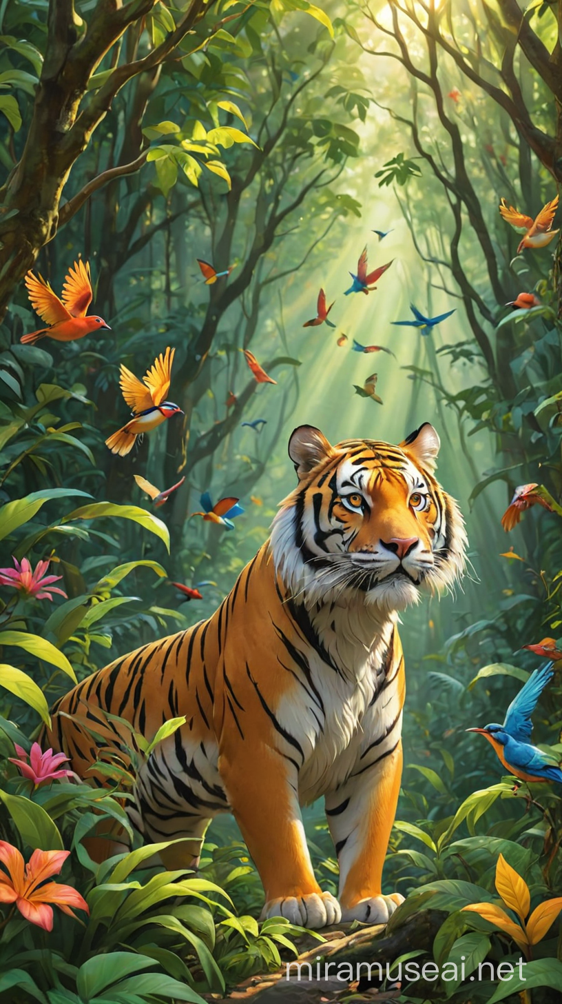 Create a tiger and colorful birds in dense forest scene with sunlight streaming through the lush canopy, highlighting vibrant foliage and intricate patterns of branches and leaves, coloring book cover,