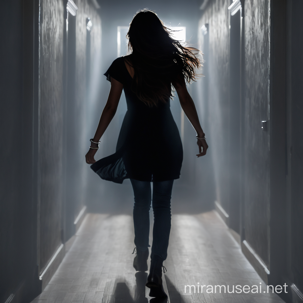 Create an image of the girl fleeing from her home, her backlit silhouette framed by the doorway. Her long hair billows behind her like a dark cloak as she dashes into the night. The silver bracelet on her wrist catches the faint glow of the moonlight, a subtle glimmer amidst the shadows. Her figure is tense with pent-up emotion, her eyes wide with terror as she disappears into the darkness.