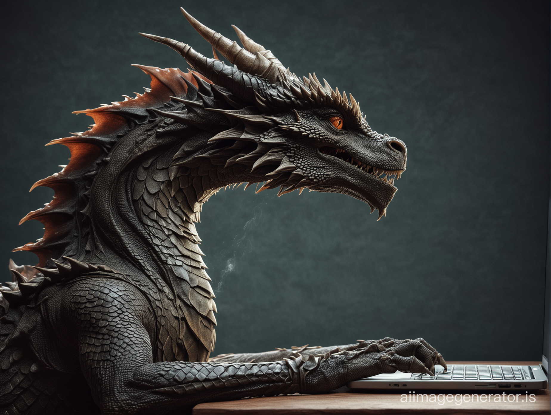 take a deep breath. image size 1920 by 1080. dragon sitting in front of laptop in profile
