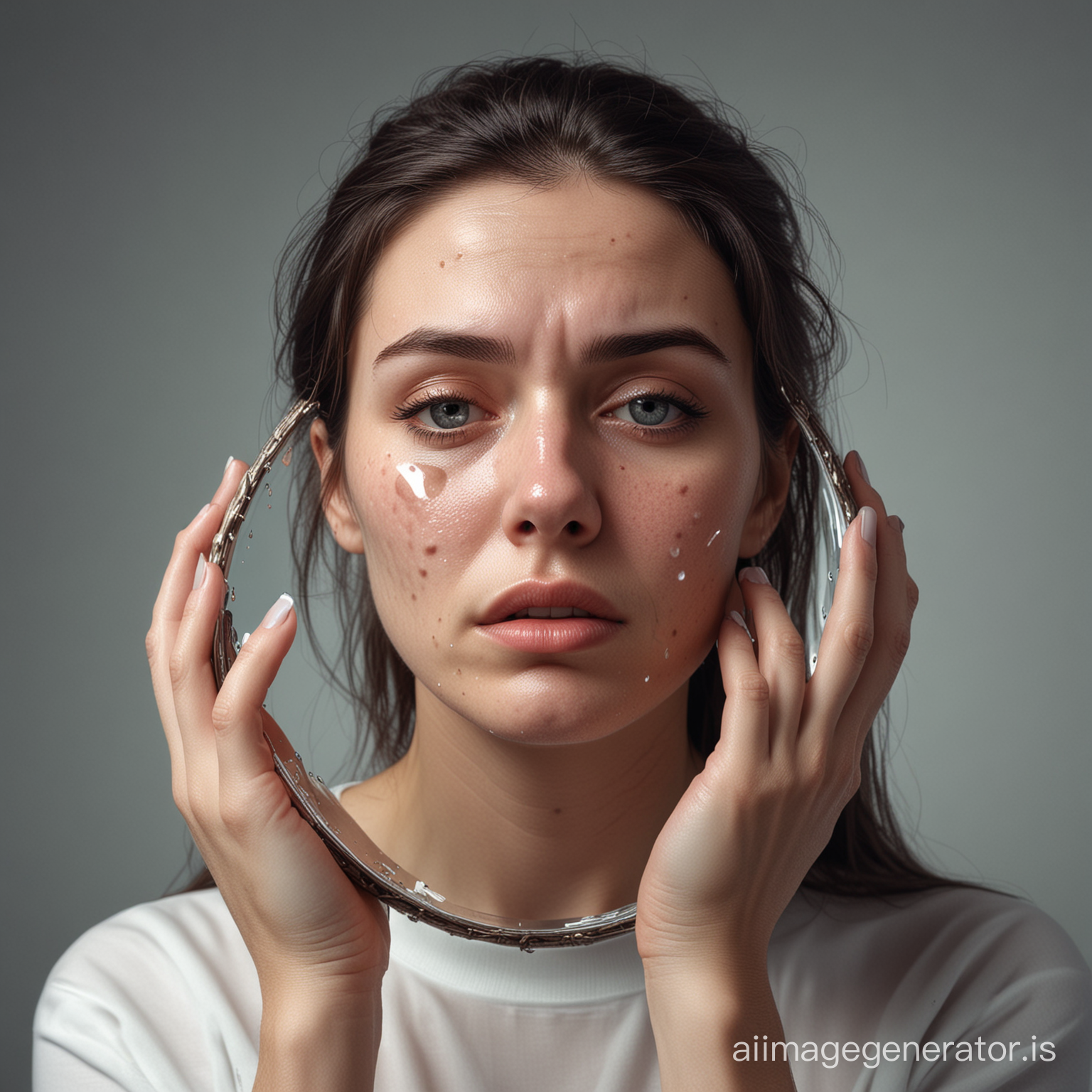 Generate an ultra high resolution image of a super sad lady with face acne holding a mirror to her face and has tears in her eyes. Make it hyper realistic 