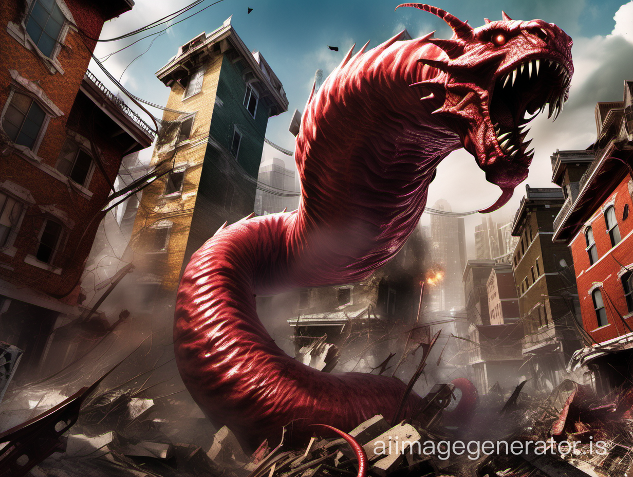 A Siege Wurm from Magic the Gathering crashing through a fantasy neighborhood, towering over buildings, roaring, destruction, vivid colors, dramatic lighting, chaotic scene, high contrast, dynamic composition
NEGATIVE: extra head, extra eyes, extra mouth, extra tail, legs, 