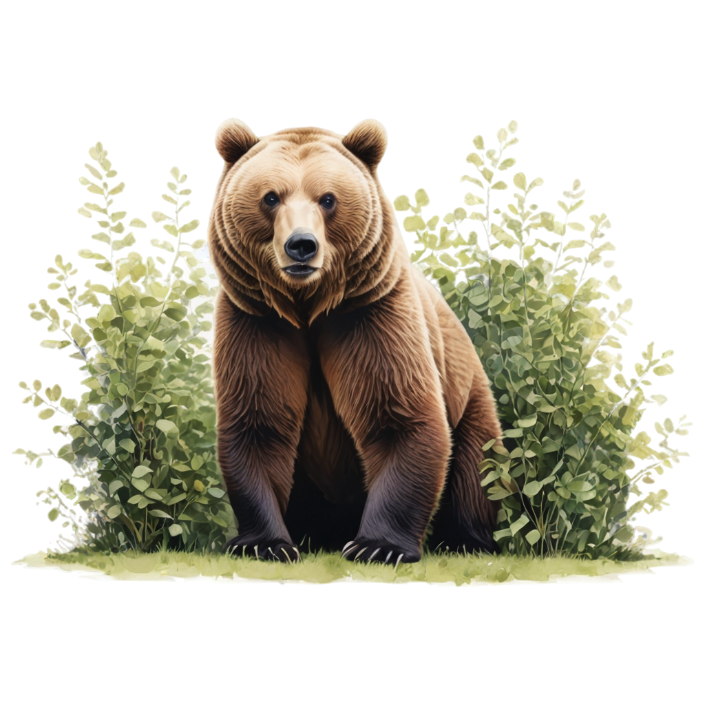 a bear cautiously peeks from behind a bush in cartoon style
