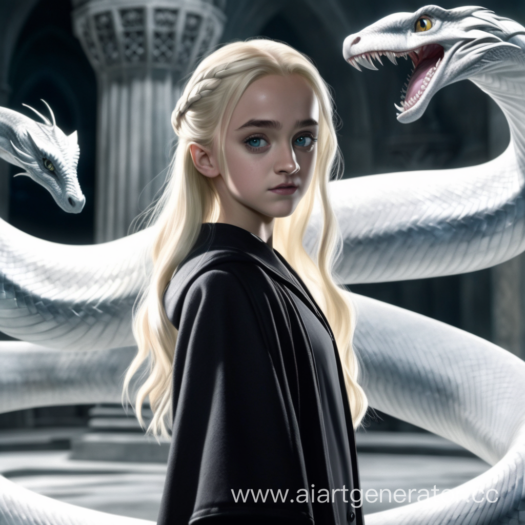 A girl with blonde hair stands in front of Draco Malfoy from Harry Potter against the background of a white snake