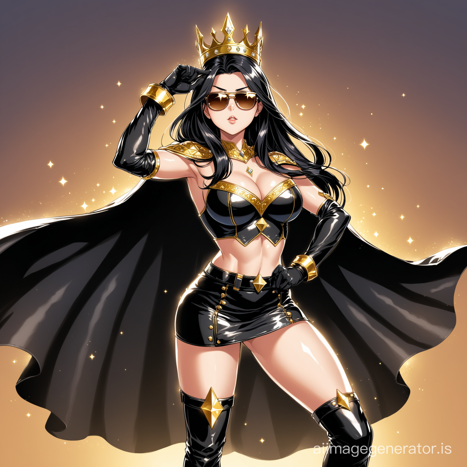 hot anime girl having long and beautiful black hair wearing a black leather skirt, a cute croptop, a black superhero cape reaching her feet, a pair of leather boots, gloves and a pair of cool shades. she looks royal by wearing a golden crown embedded with diamonds. she gives a really sexy pose