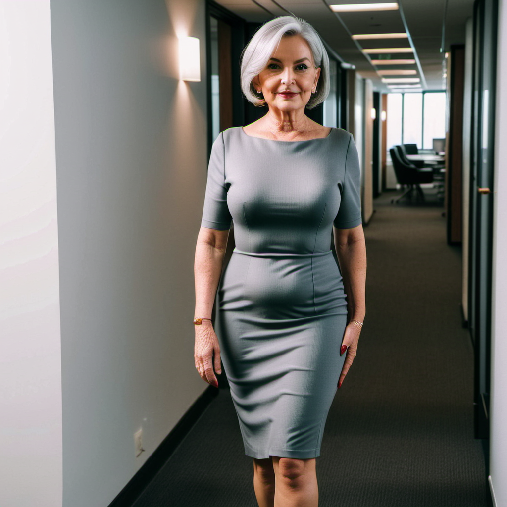 a full-length view of a slim beautiful 70-year-old woman with grey hair in a bob and big breasts wearing a skintight  grey dress and stiletto heels in an office