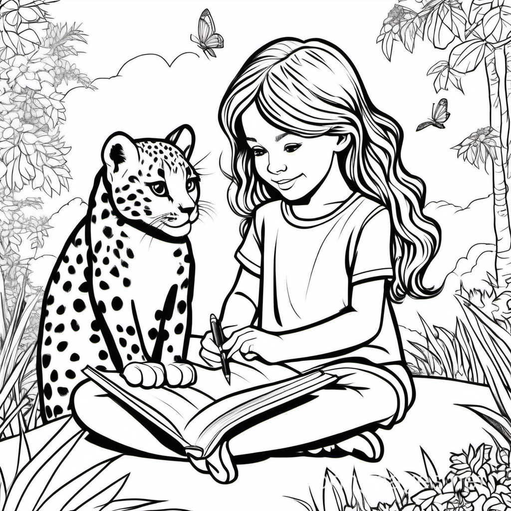 Young girl with magical features such as wings, etc, drawing in a coloring book, sitting next to a cheetah themed cat, Coloring Page, black and white, line art, white background, Simplicity, Ample White Space. The background of the coloring page is plain white to make it easy for young children to color within the lines. The outlines of all the subjects are easy to distinguish, making it simple for kids to color without too much difficulty