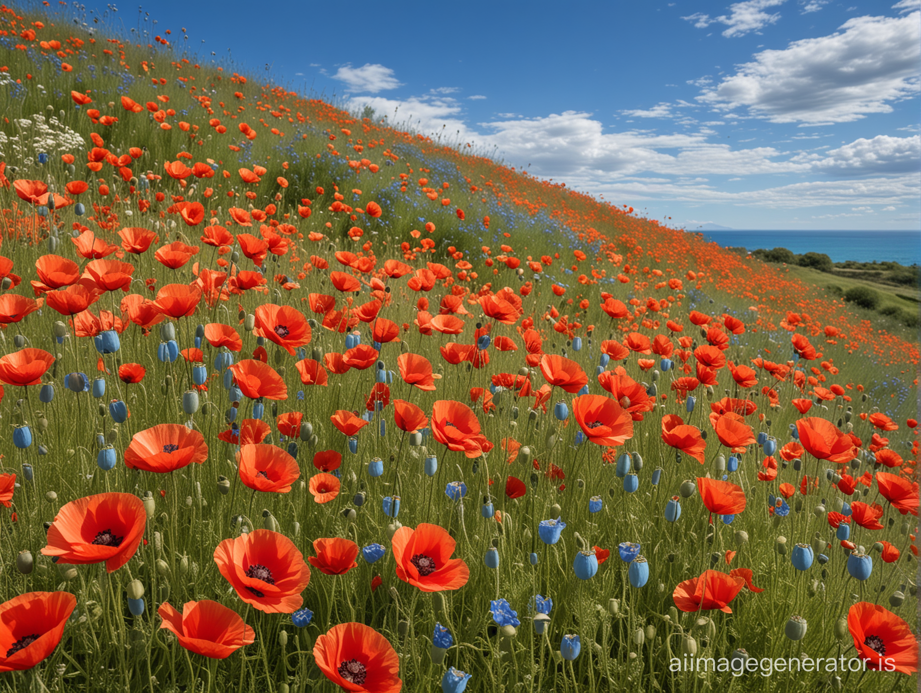 The vibrant red of the poppies contrasts beautifully with the azure blue of the sky, creating a harmonious palette that delights the senses.