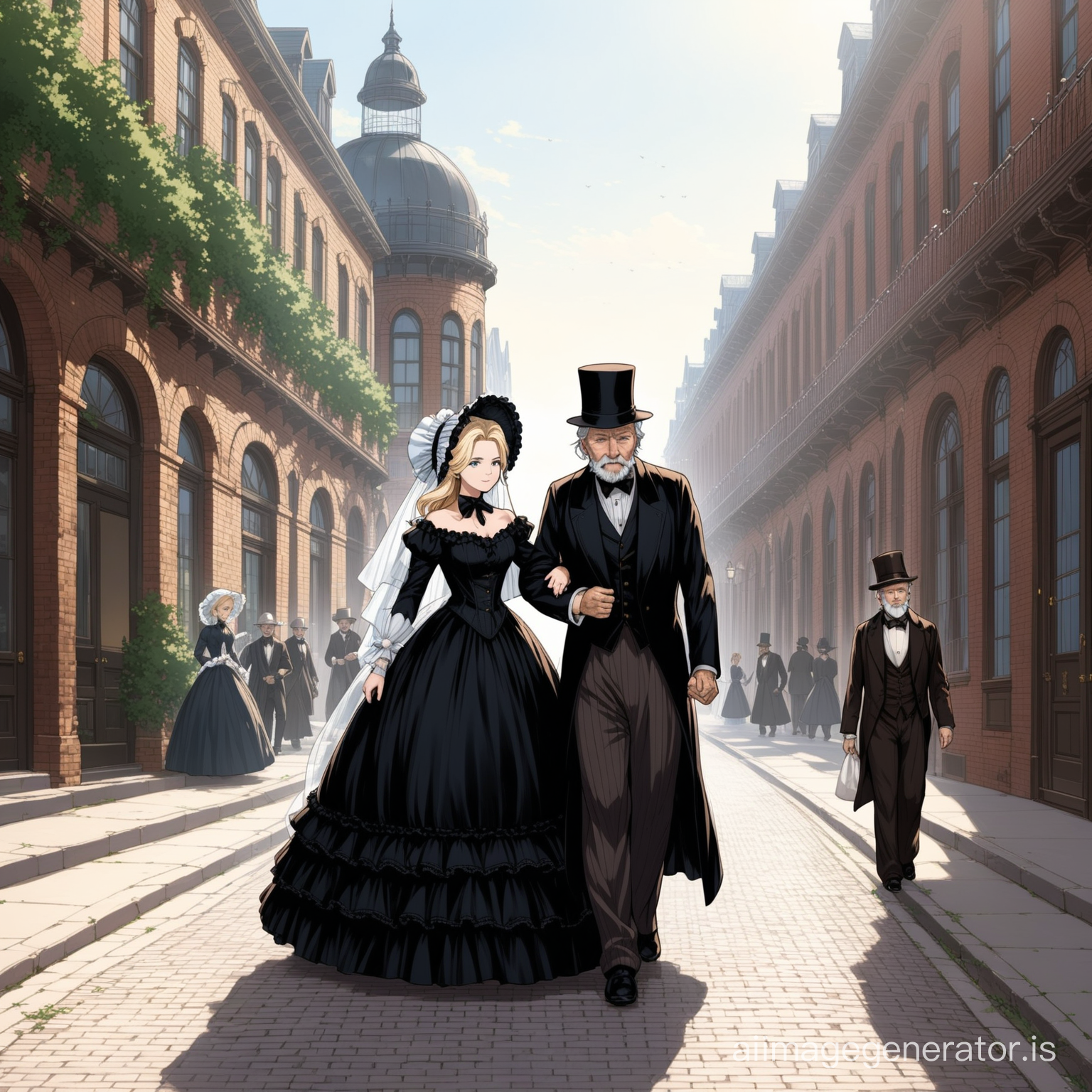 Susan Storm from the FF4 wearing a black floor-length loose billowing 1860 Victorian crinoline poofy dress with a frilly bonnet walking on a Victorian era sidewalk with an old man dressed into a black Victorian suit who seems to be her newlywed husband