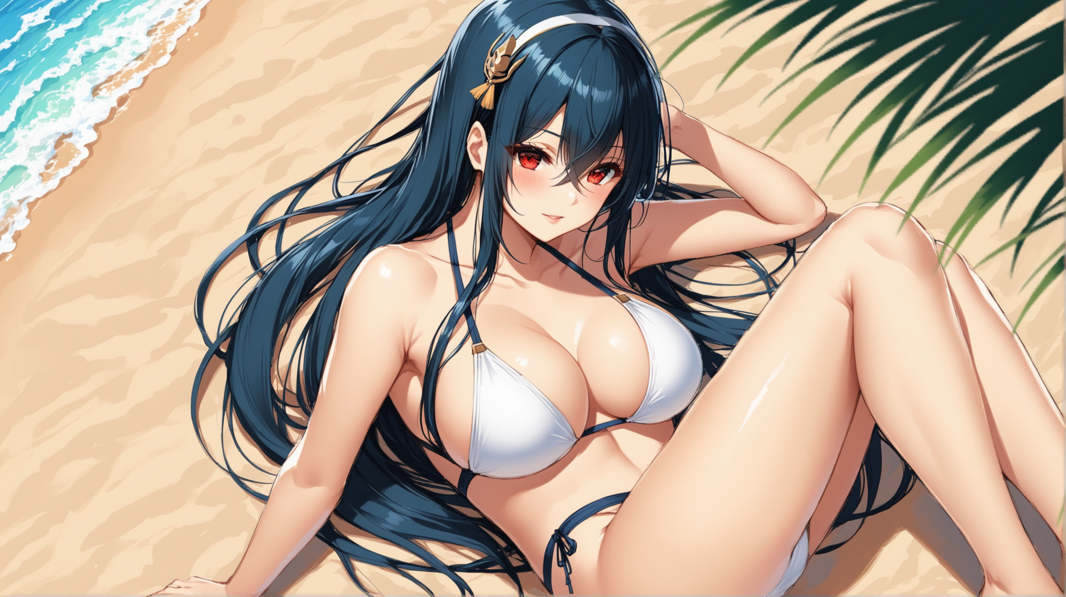 Draw the character Taihou from Azur Lane, red eyes, long hair, high quality, laying, outdoors, swimsuit