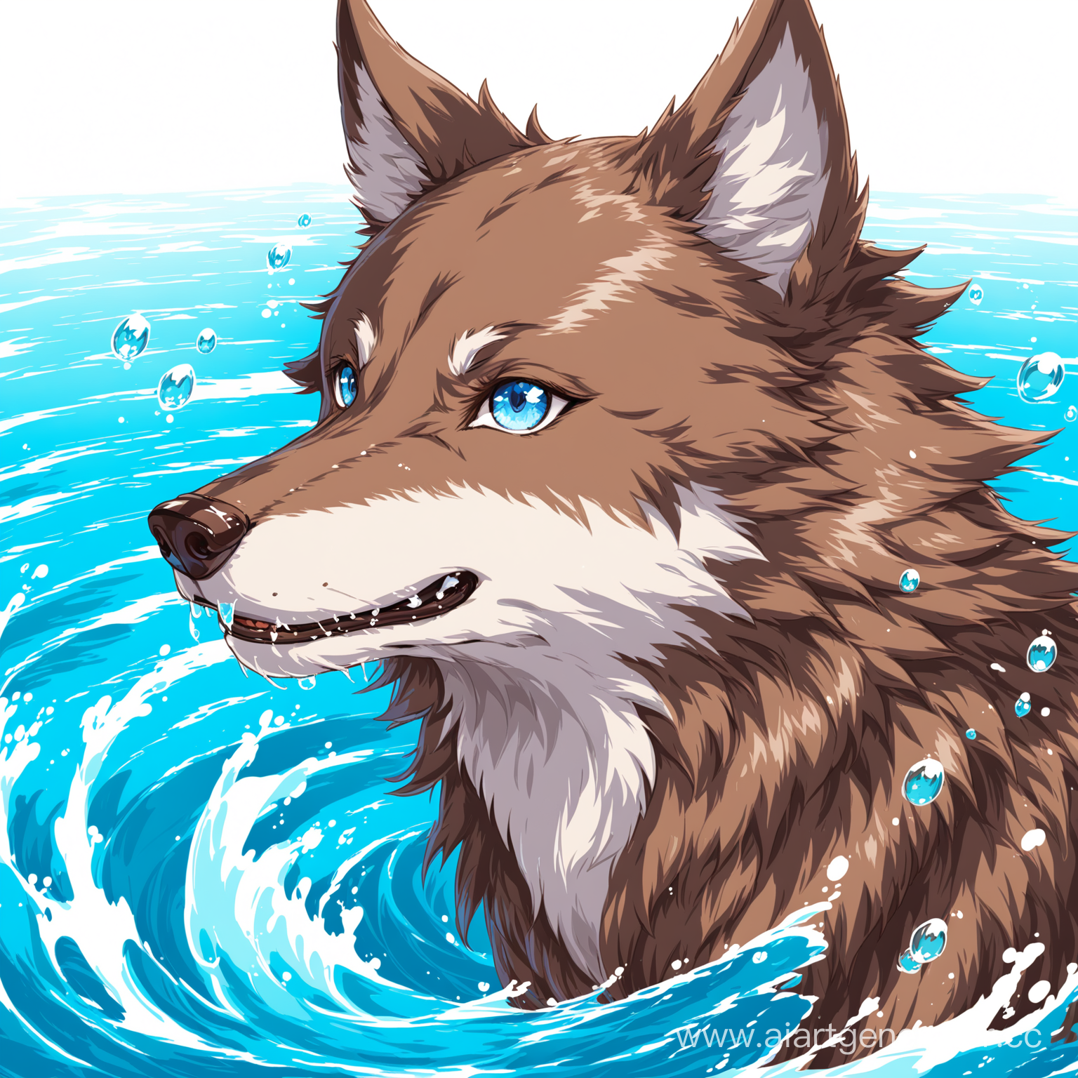 brown wolf with blue eyes and water skills 