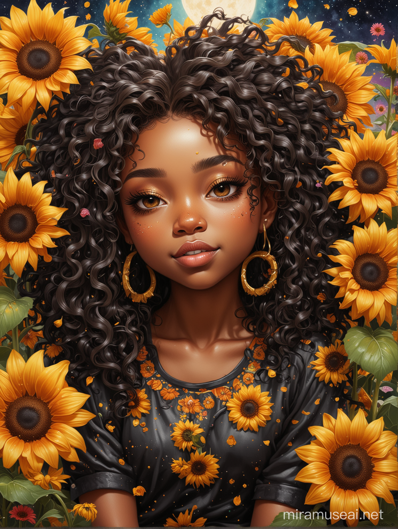 A sassy thick-lined oil painting cartoon black chibi girl lounging lazily on her side, surrounded by colorful flower petals. She is in the middle of the astrological Leo symbol with Prominent makeup. Highly detailed tightly curly black afro. Background of large yellow sunflowers surrounding her . Looking up coyly, she grins widely, showing sharp lion teeth. Her poofy hair forms a mane framing her confident, regal expression.
