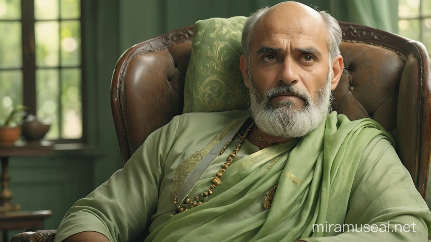 /imagine Portrait photo of middle aged bald grey haired bearded man dreaming of his old mother dressed in a light green saree as he rocks in his chair --style raw --ar 4:5 --stylize 150