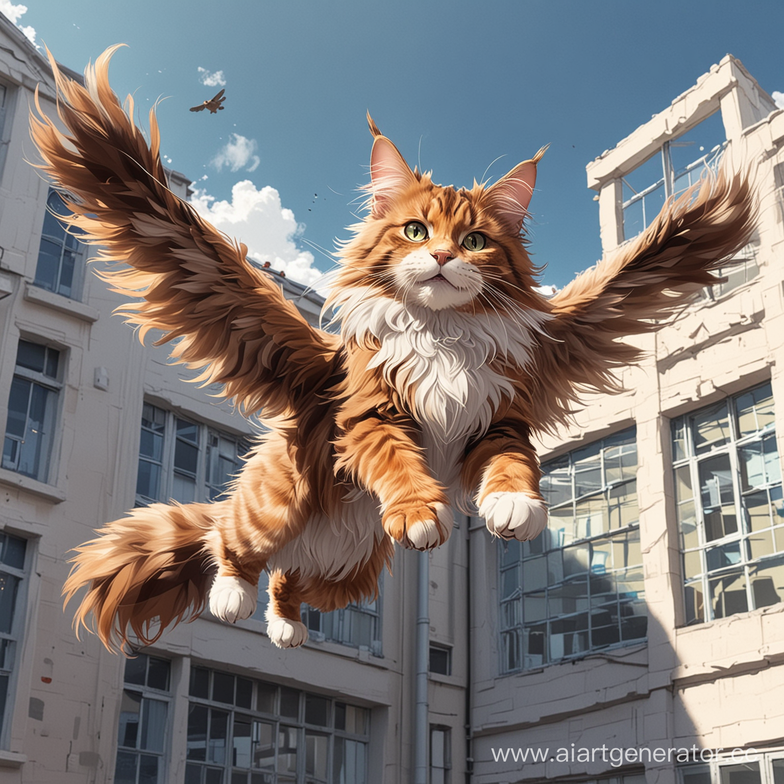 Flying Maine Coon on school buildings in a cute anime style