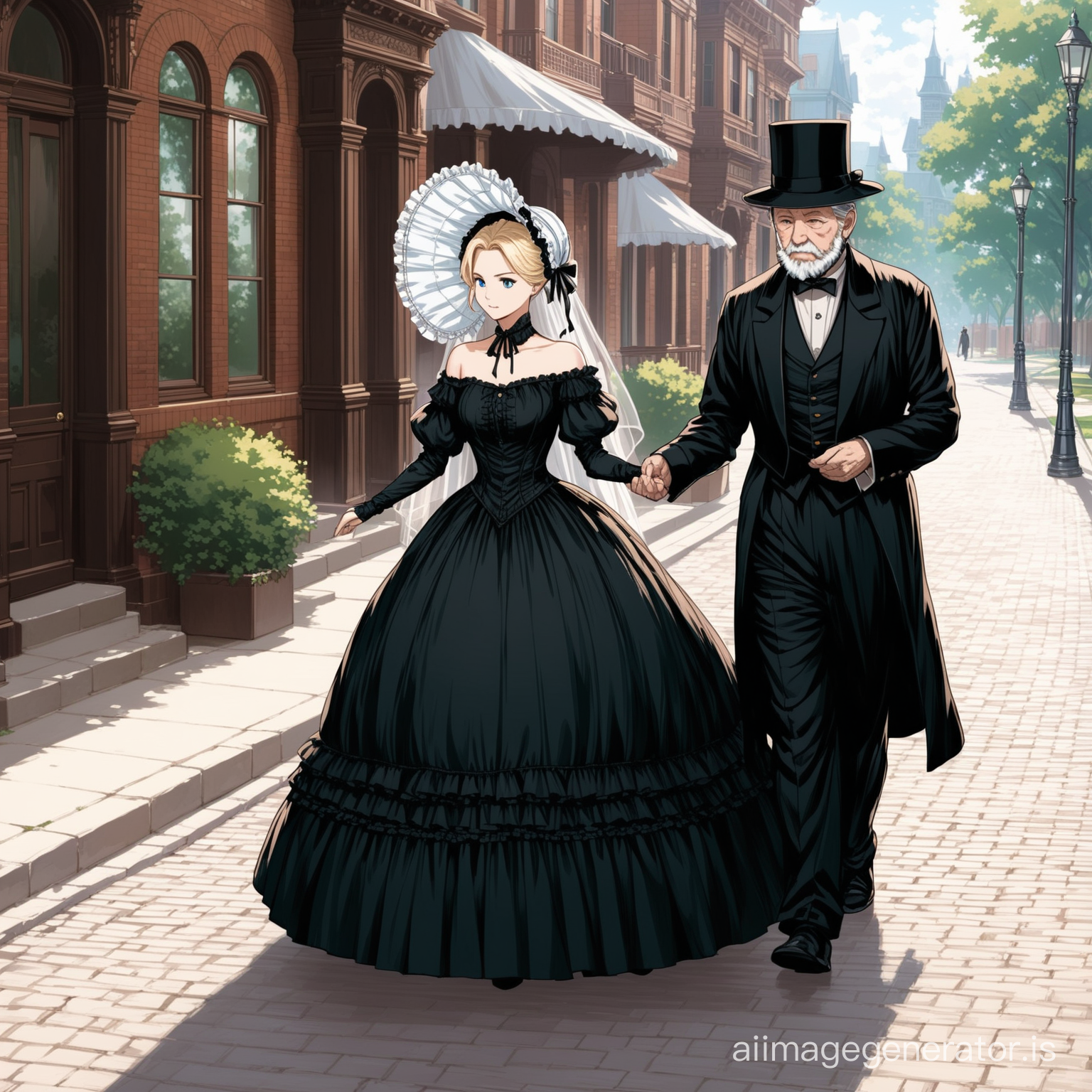 Susan Storm from the FF4 wearing a black floor-length loose billowing 1860 Victorian crinoline poofy dress with a frilly bonnet walking on a Victorian era sidewalk with an old man dressed into a black Victorian suit who seems to be her newlywed husband