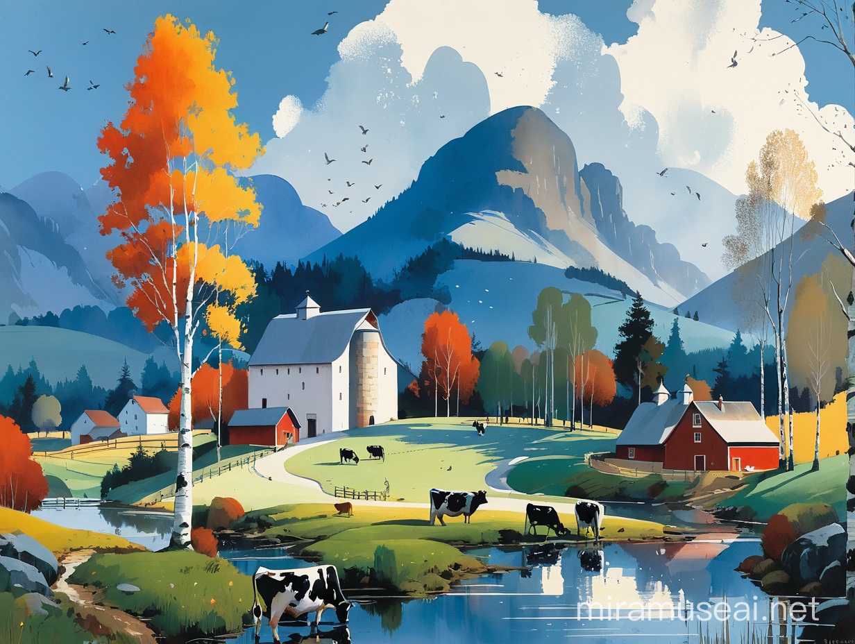 Pale colors  gently drawn drawn Farm landscape with cows, red barn, and birch trees. In style of Didier Lourenço, and Thomas Wells Schaller. Elegant fantasy intricate very attractive fantastic view ultra detailed crisp quality very cute acrylic art naive art Didier Lourenço lithography