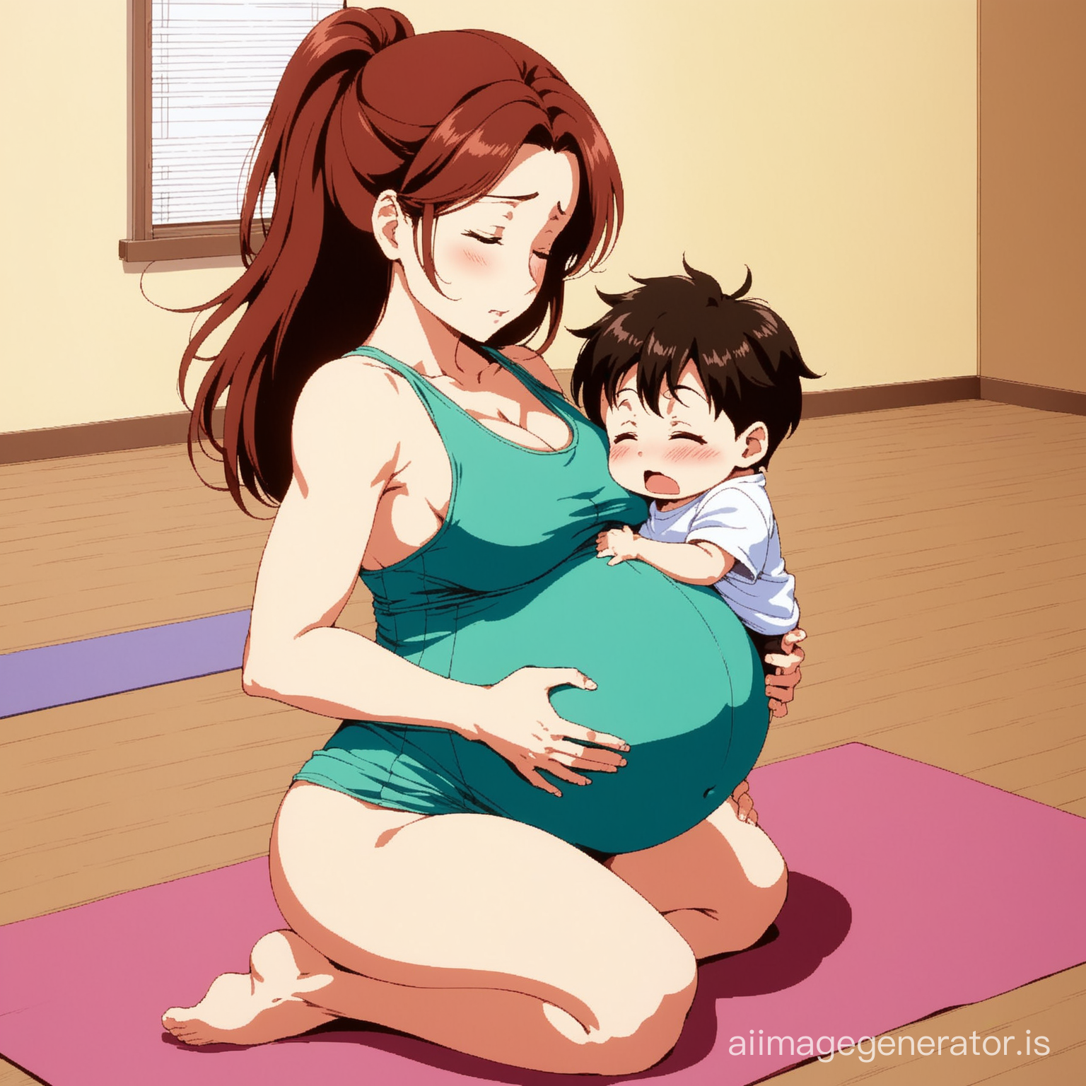 (90's anime) pregnant mother hurts at contractions with little son hugging his mommy's belly in (yoga)