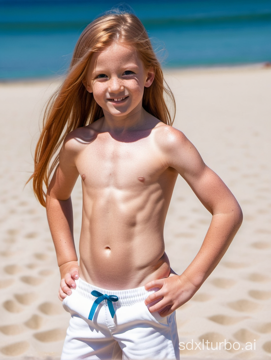 8 years old, ginger long hair,  flat chested, muscular abs, showing her belly, Saint-Tropez Beach