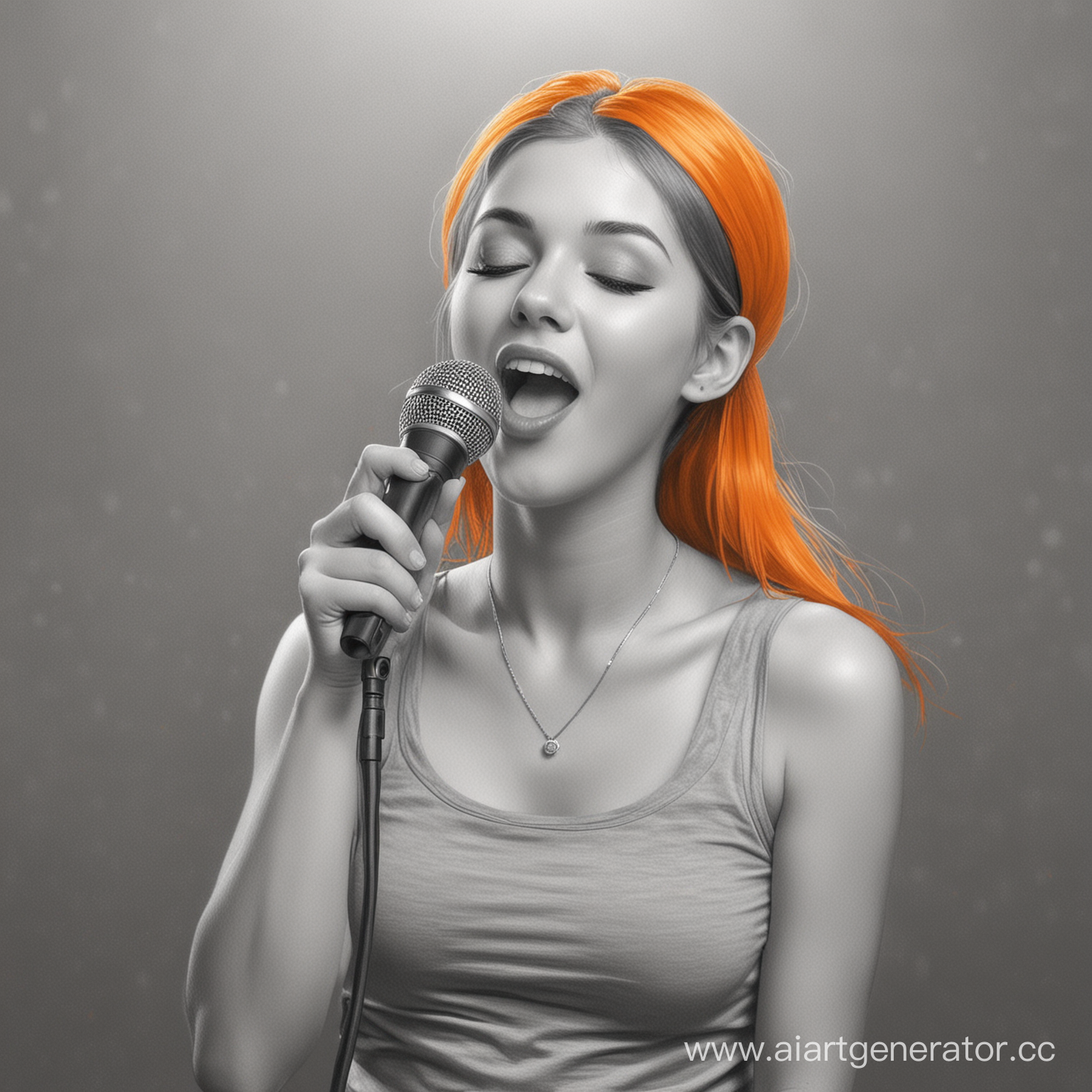 рисунок девушка поёт в караоке картинка в серых и оранжевых тонах 