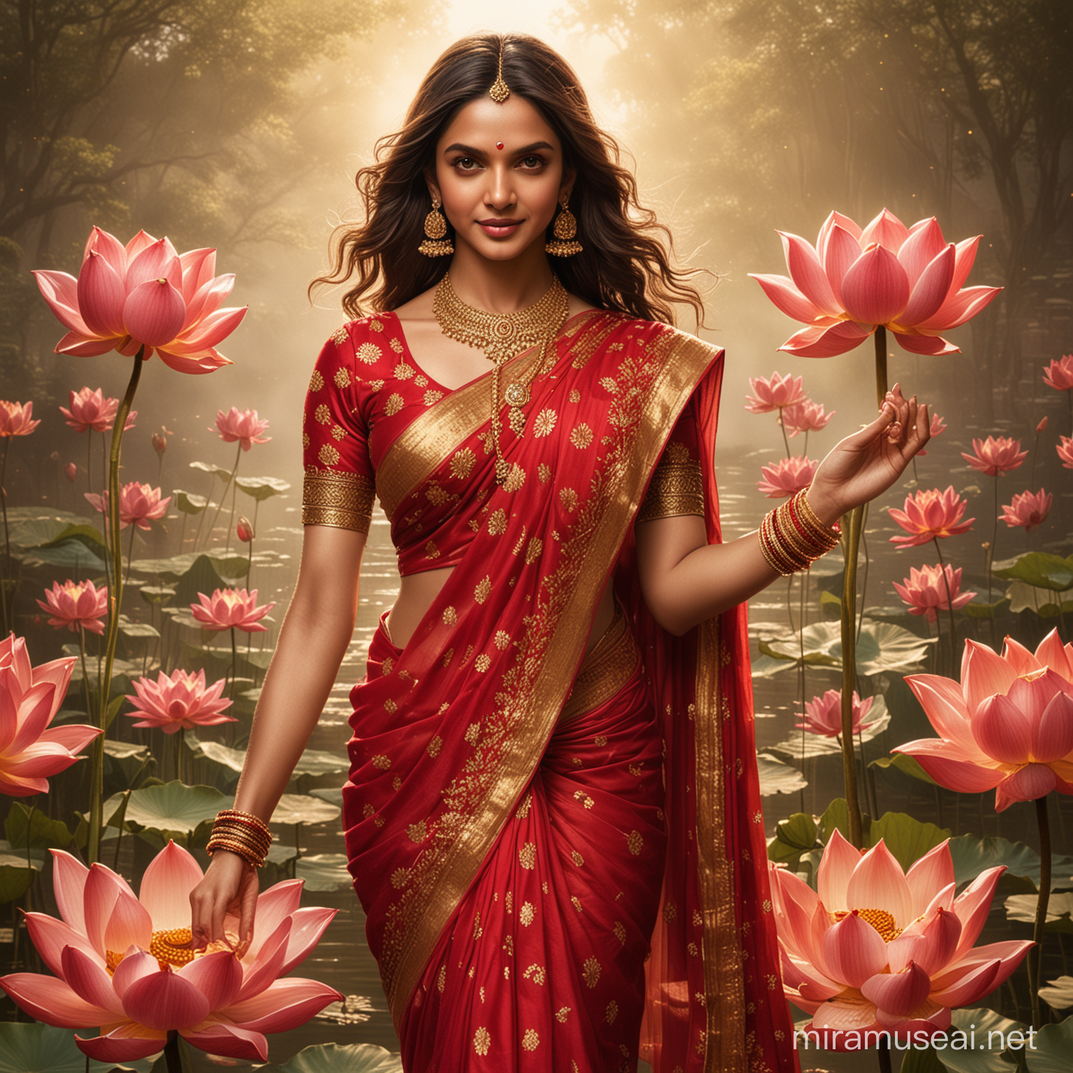 A masterpieced of Deepika Padukone as Lakshmi, the principal goddesses in Hinduism. She is wearing a a red sari embroidered with golden threads She is standing on a lotus and typically carrying a lotus in one or two hands.