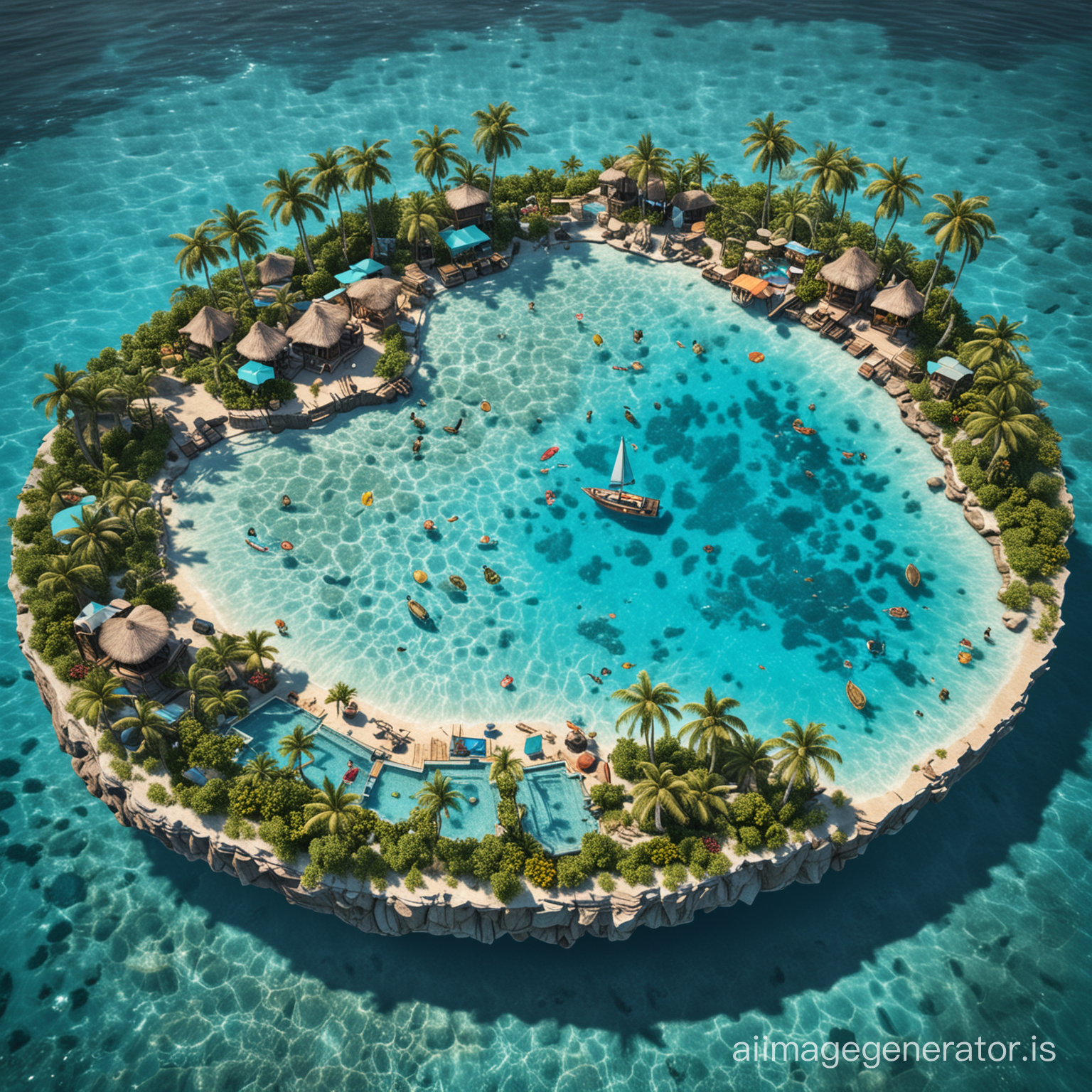 a minimap diorama of tropical island with coctail bar surrounded by turqouise crystal clear water