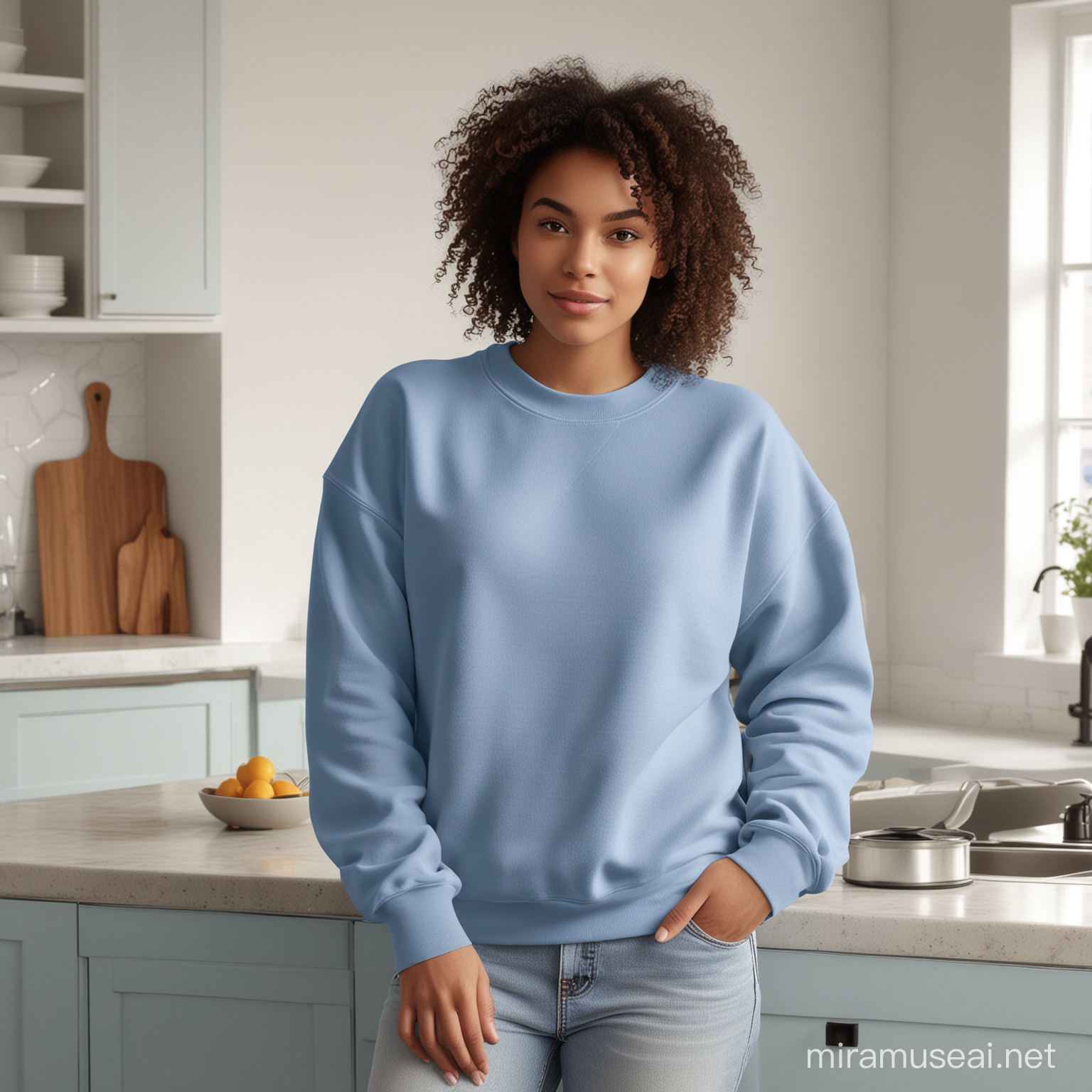 Gildan 1800 oversized sweatshirt in indiglo blue colour with model in a modern warm white kitchen