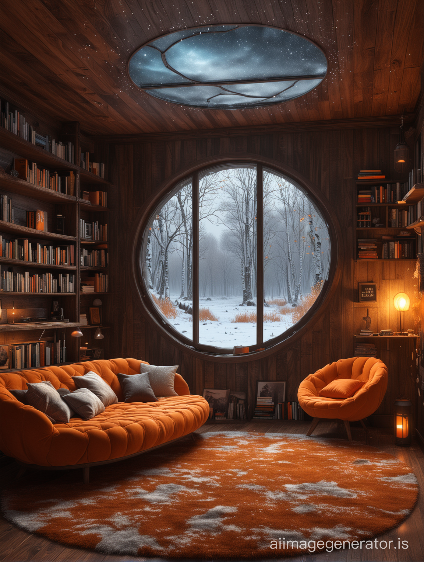 Prompt:  From sofa side, laying on sofa, in a cozy design dark scifi cabin with 3D feeling. Fog. Stained-glass round 3D frozen windows with orange LED. Full body side view. Beautiful teen women with curious detailed eyes and smile. Cropped vest top with logo and silk panties. Dark teak floor. Colorful carpet. Sleeping alcove. Bookshelf. Late autumn meadow with birch and snow. Ultra realistic. Wide angle.