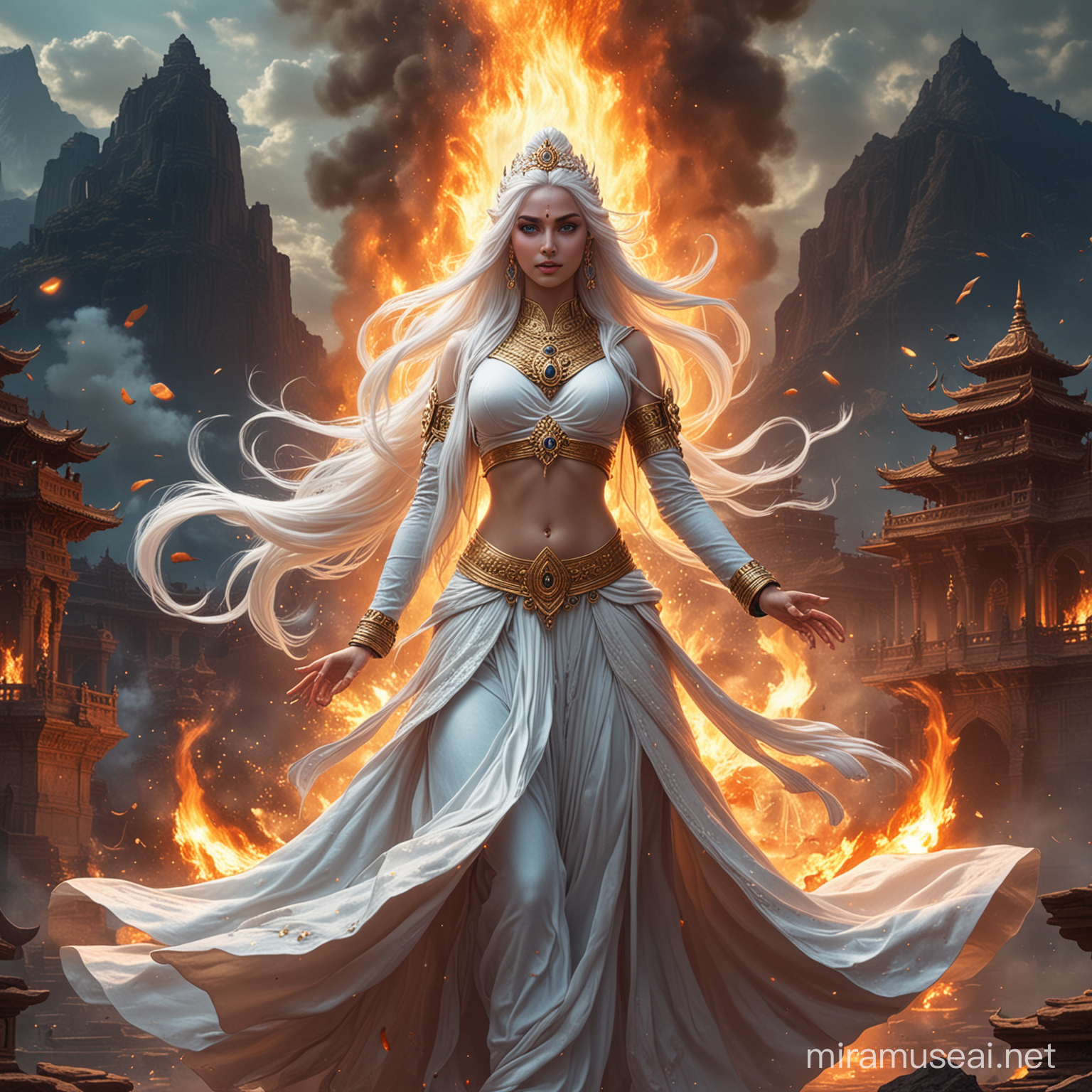 Powerful Hindu Empress Conjuring Flames with Demon Goddesses in Dark Palace