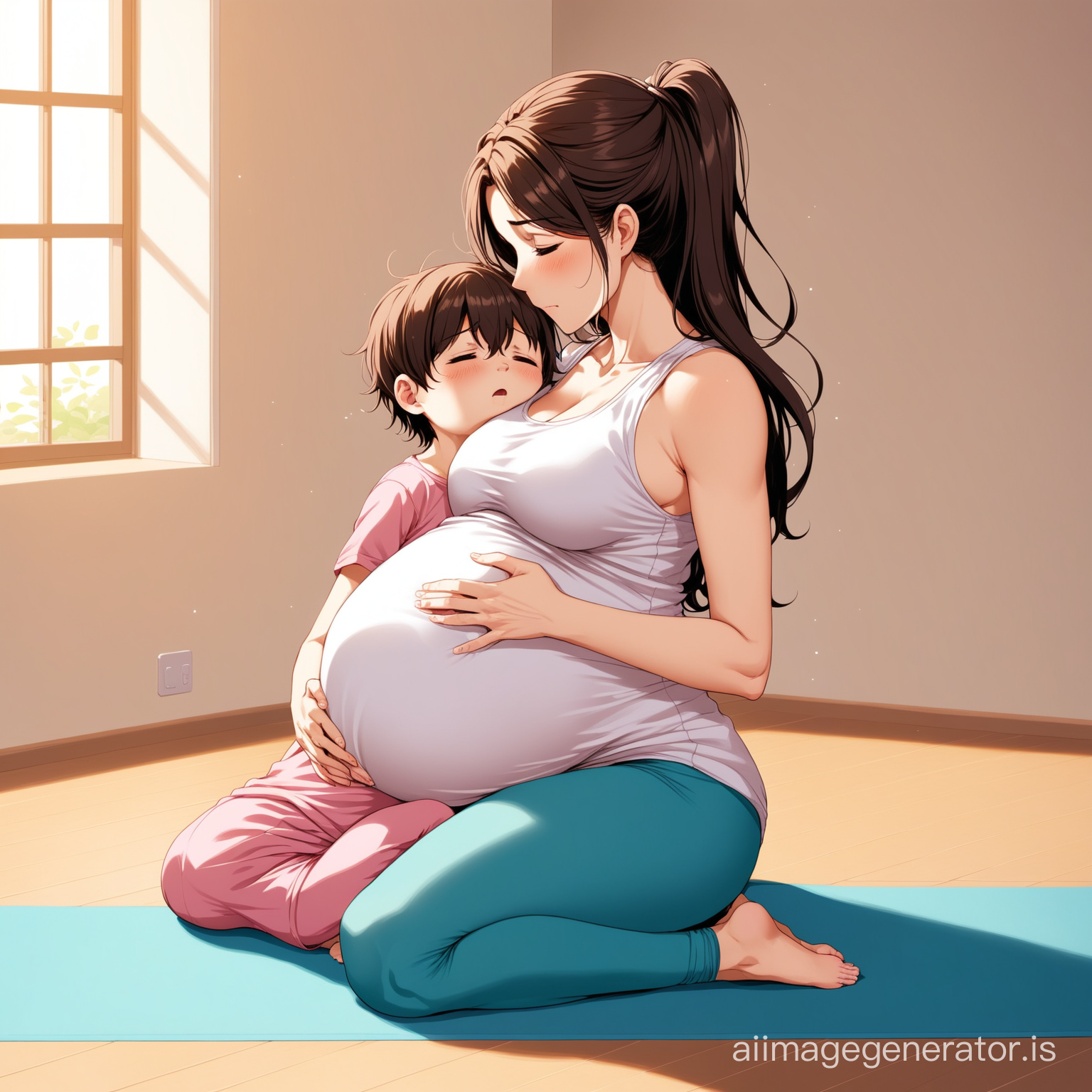 (soft anime) pregnant mother hurts at contractions with little son hugging his mommy's tummy in (yoga)