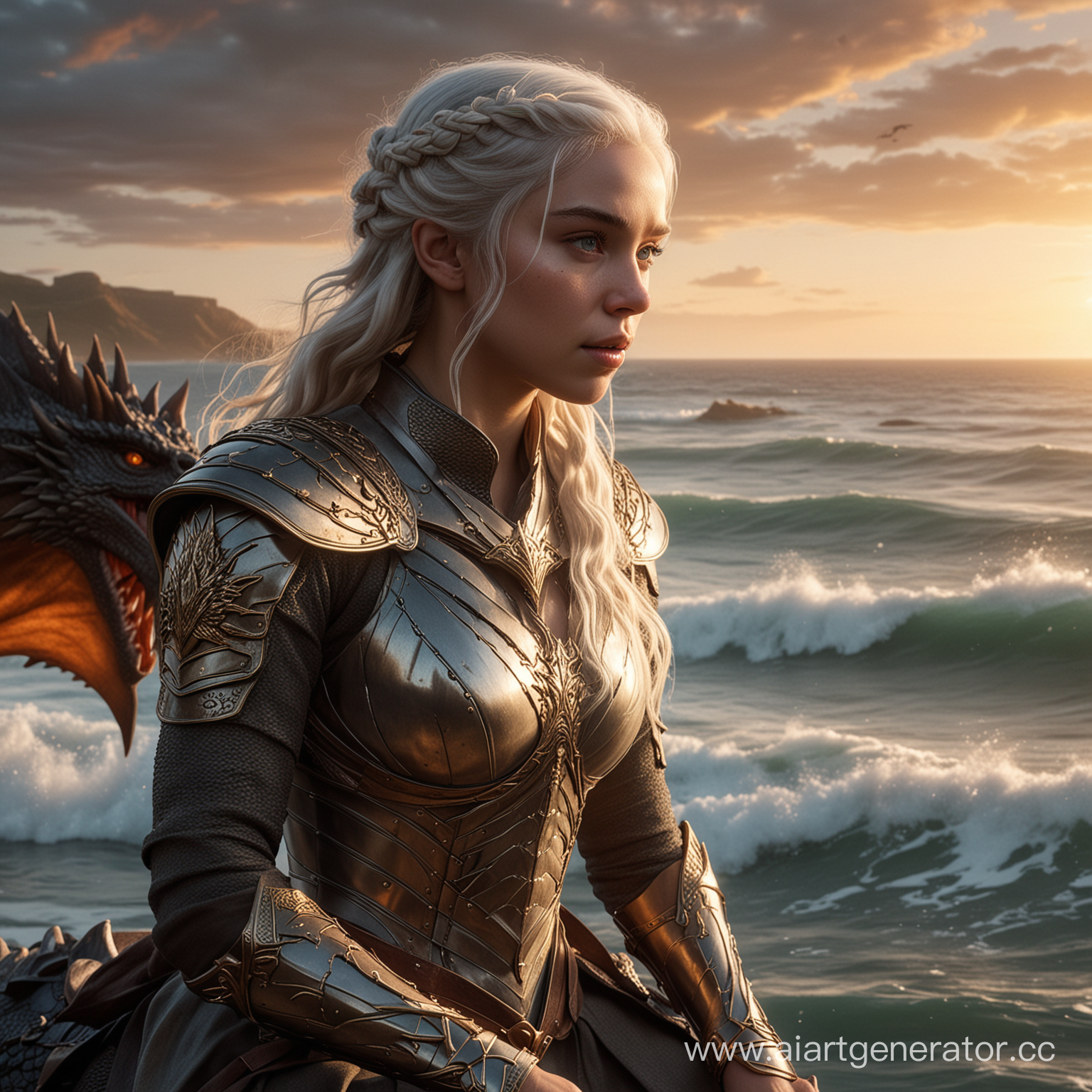 An ultra detailed, realistic, digital art, featuring queen Daenerys Targaryen flies on a dragon Across the Narrow Sea: Capture the ethereal beauty, showcasing sunset and se, exquisite detail, 30 megapixels, 4k, CanonEOS 5D Mark IV DSLR, 85mm lens, sharp focus, intricate detail, long exposure, f/2, ISO 100, shutter speed 1/125, diffuse backlighting, award-winning photograph, facing camera, looking into camera, monovision, perfect contrast, high sharpness, face symmetry, depth of field, ultra-detailed photography, raytracing, global illumination, smooth, ultra high definition, 8k, unreal engine 5, ultra sharp focus, award-winning photography