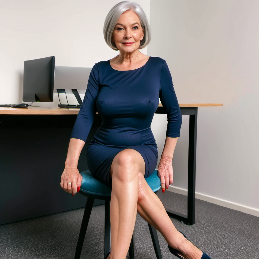 a rear full-length view of a slim beautiful 70-year-old woman with grey hair in a bob and big breasts wearing a skintight  navy dress and stiletto heels sitting in an office