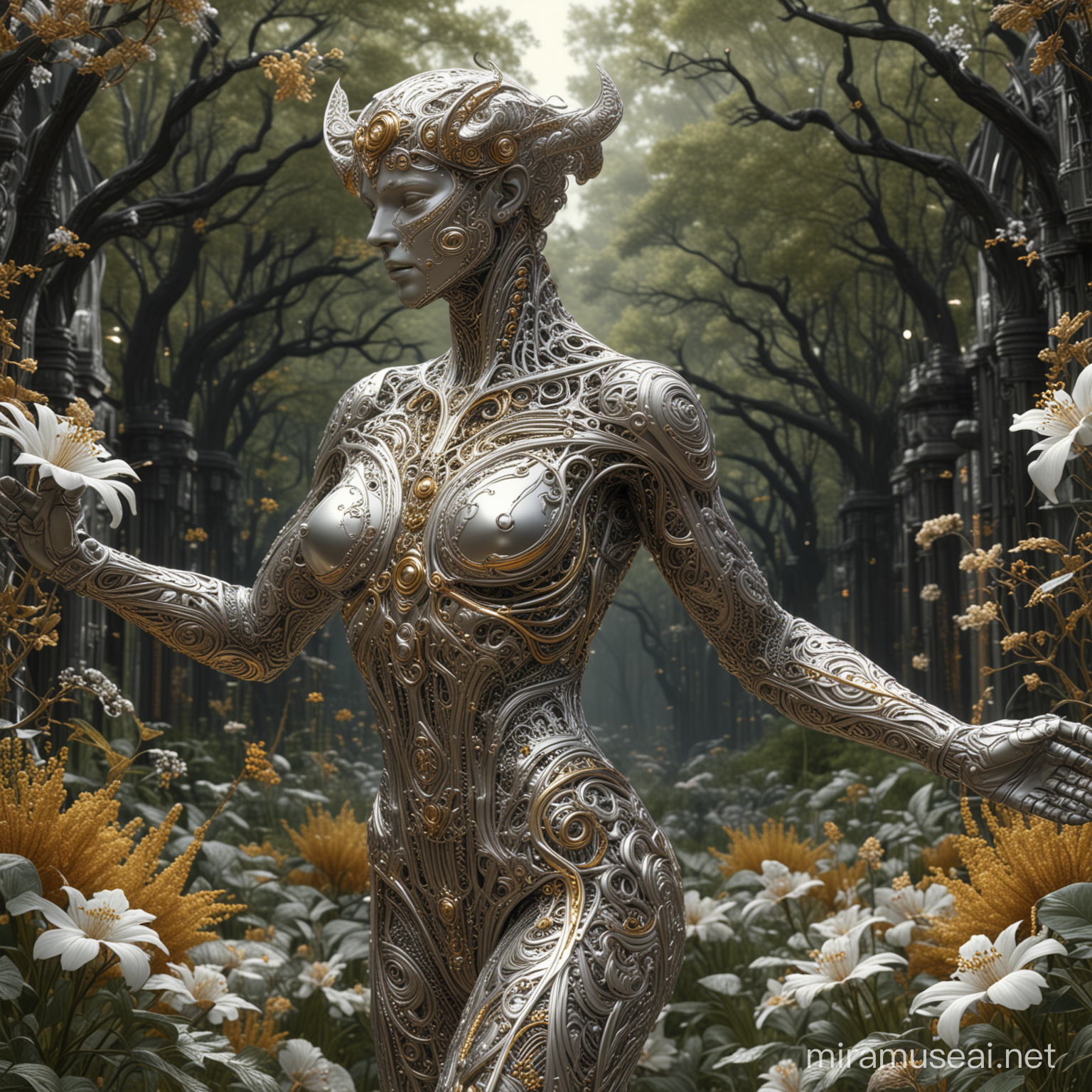 HyperDetailed FaunMan Dancing in Art Nouveau Fashion Amidst Forest Flowers