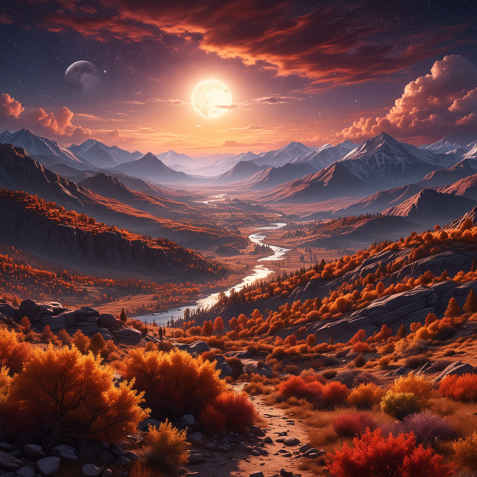 /imagine prompt: a realistic photo of mountain view, in wilderness, look from high, beautiful galactic sky with the moon, stars, and sun showing in a southern valley mountain view during a sunset time giving dramatic fall weather saturated colors, vector art, strong detailed colors, super realistic high resolution 4k --::3 dusk::3