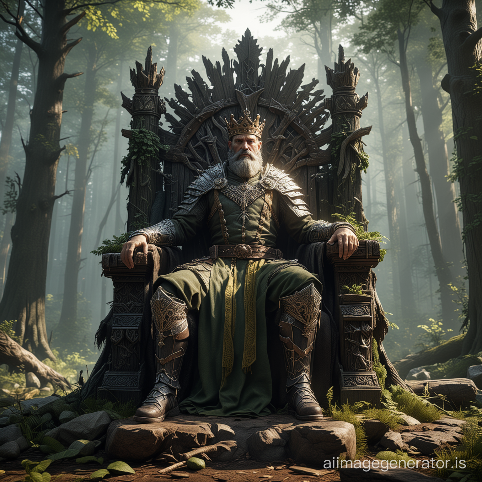 king of forest, at the throne, realistic, ultra high detailed, unreal-engine style, 3d, cinematic