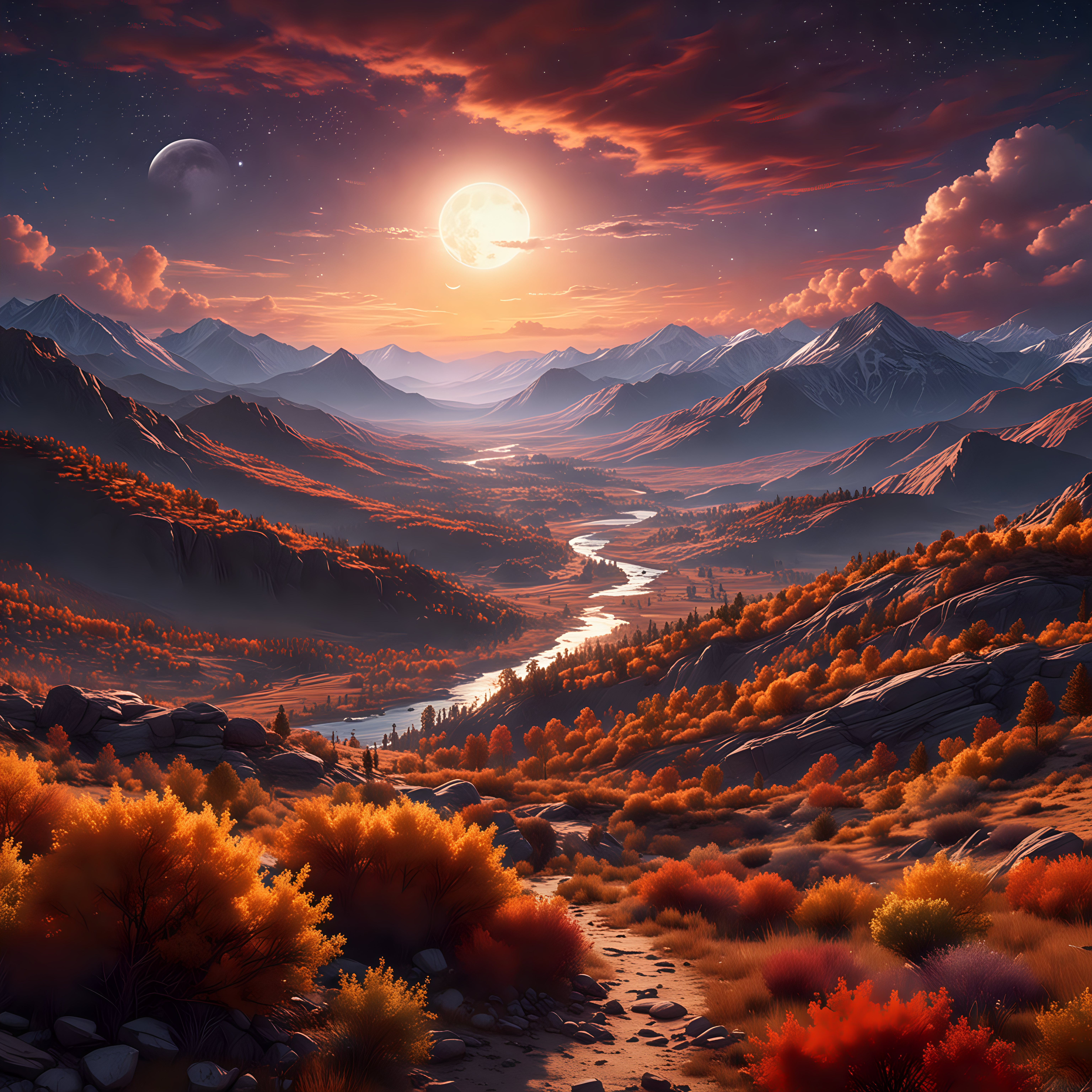 Dramatic Sunset Mountain View with Galactic Sky and Saturated Colors