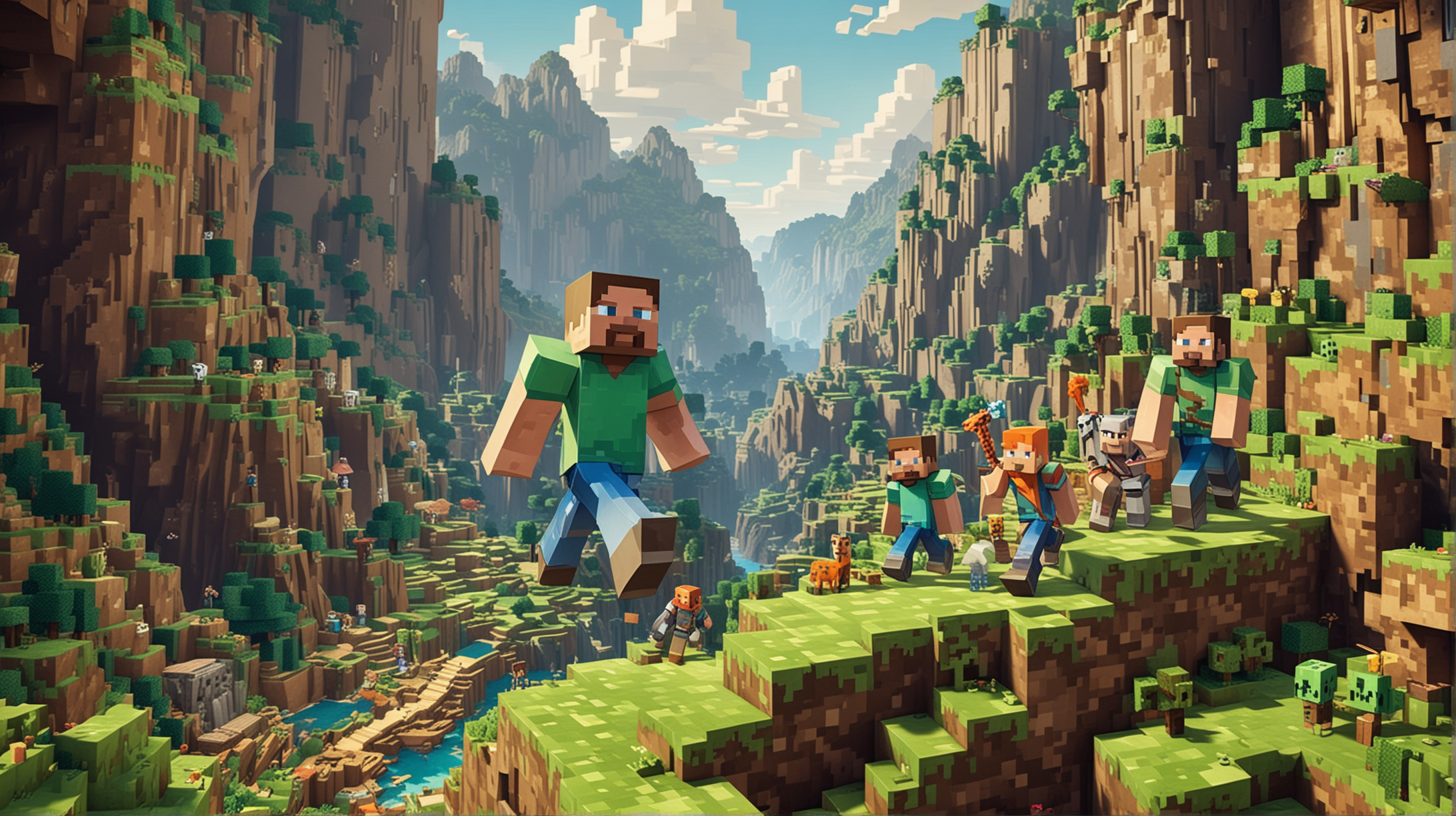 Generate an image featuring iconic Minecraft characters in an adventurous scene. Incorporate well-known figures such as Steve, Alex, creepers, and villagers. Set the backdrop in a dynamic environment, perhaps a bustling village, a perilous cave, or atop a towering mountain. Ensure the characters are engaged in an activity or scenario that captures the essence of Minecraft's exploration and creativity. Let your imagination run wild as you craft a vivid portrayal of the beloved Minecraft universe