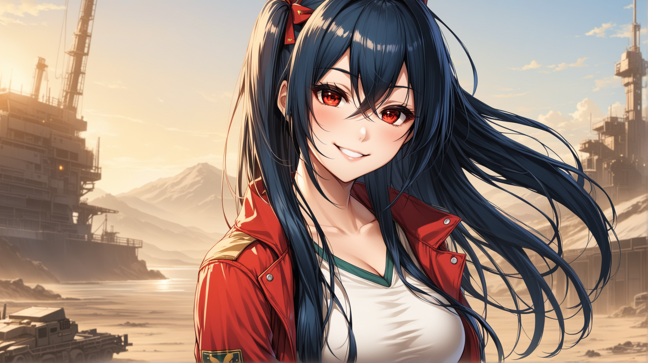 Draw the character Taihou from Azur Lane, red eyes, long hair, high quality, outdoors, in a casual pose, wearing an outfit inspired from the Fallout series, smiling at the viewer