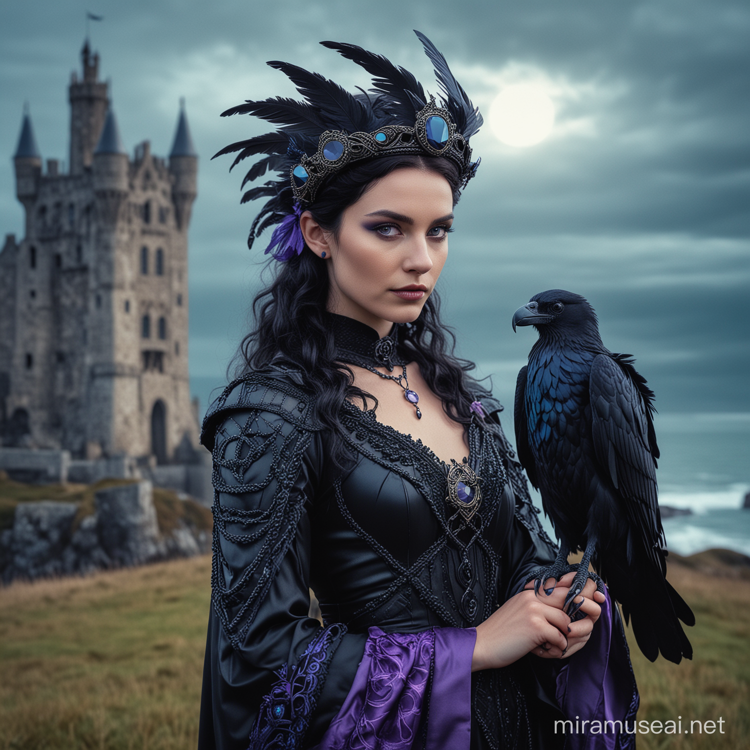 A gorgeous glowing Celtic Raven Queen wearing an artistic contemporary couture raven fashion headpiece in black & blue , holding a cute tiny black golden iriscentdent dragon in arm, gloomy ocean & castle background in violett wes anderson color palette, 35mm photography