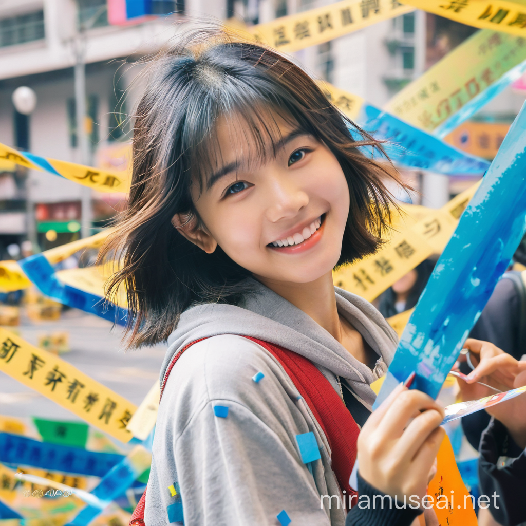 ～ Radiance at the Street Corner ~

Hong Kong girl, 14 years old
Her glowing smile in the midst of the city. Like the scattered tape around her, her presence bestows blessings upon people's hearts, painting the town with vivacity.