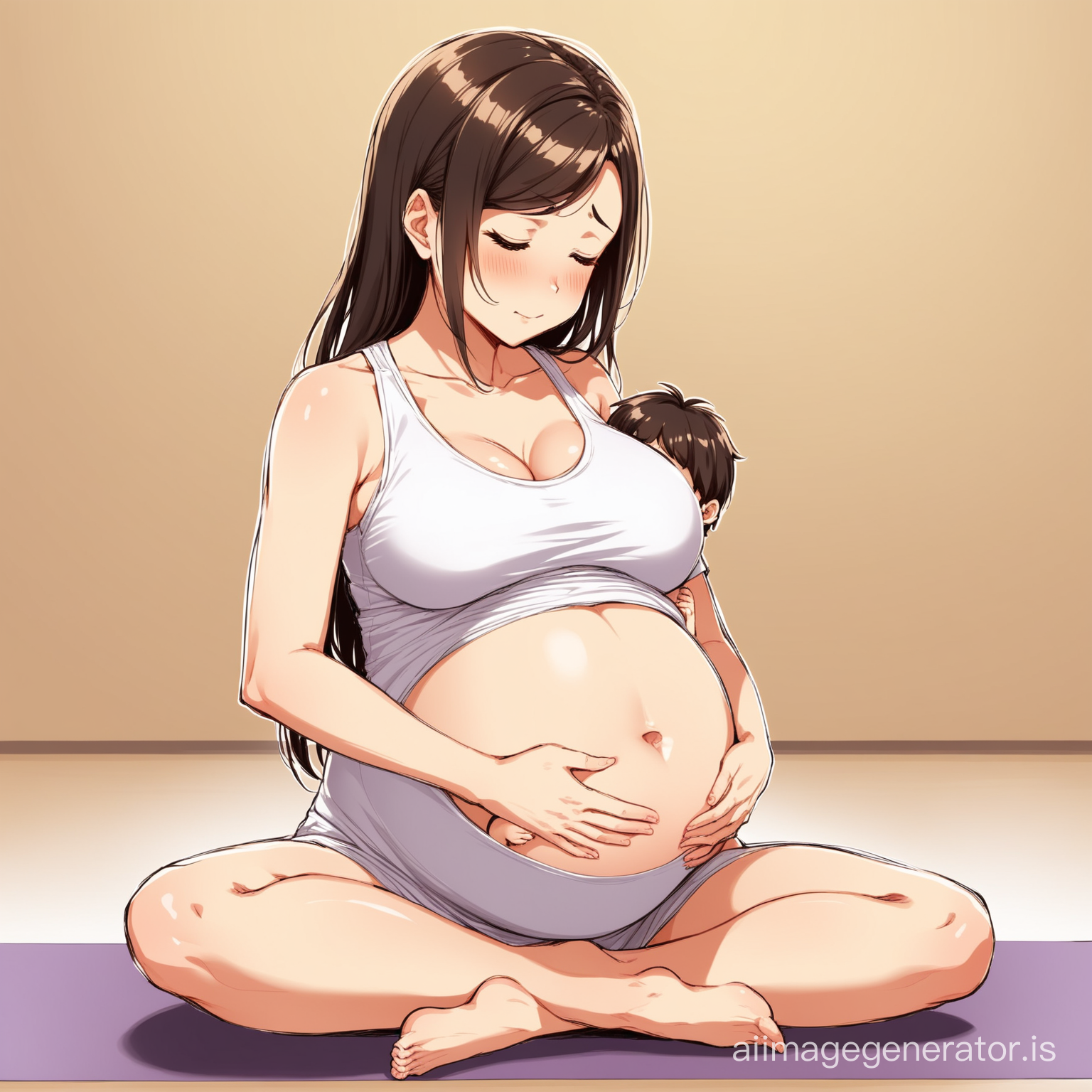(cute anime) pregnant mother hurts at contractions with little son hugging his mommy's tummy in (yoga)
