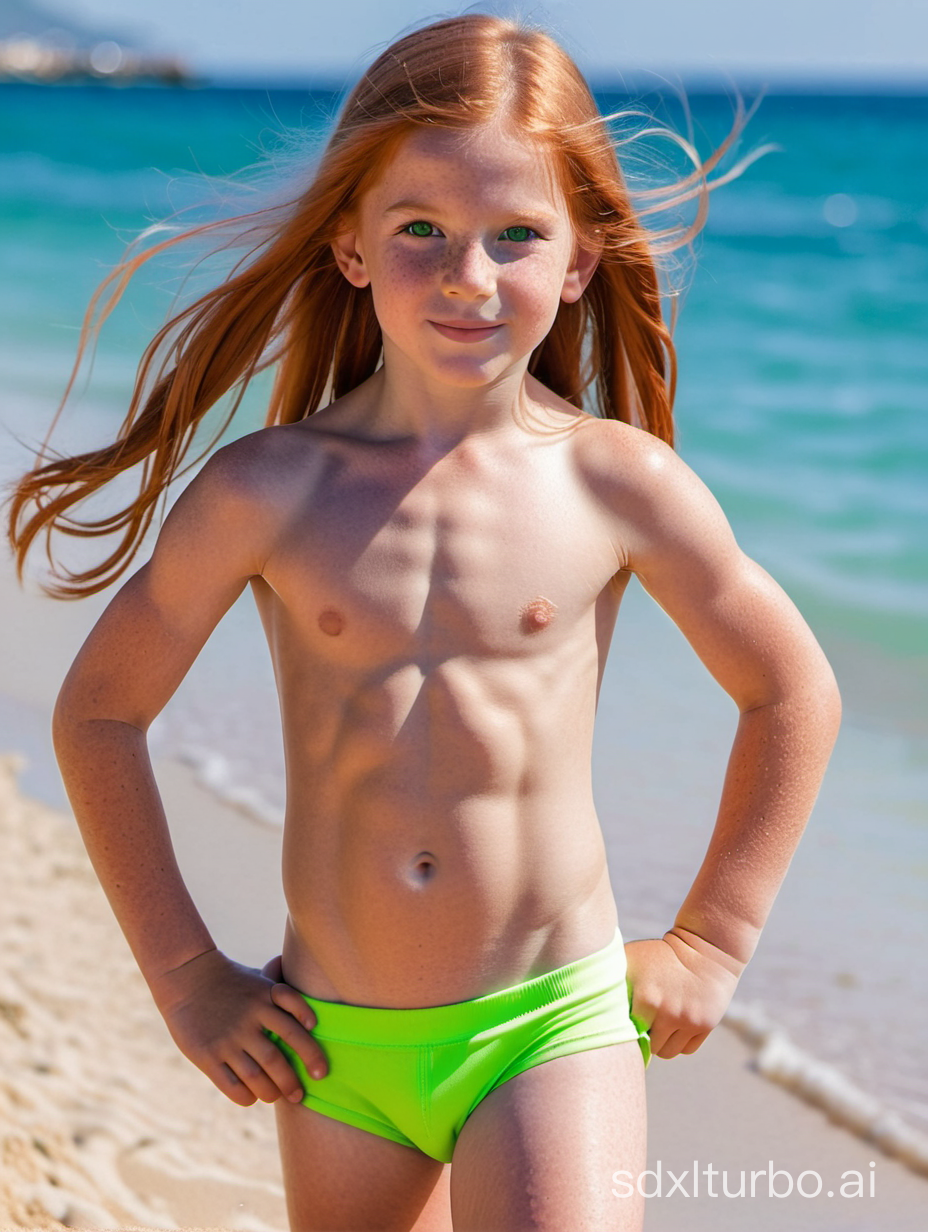 8 years old, long ginger hair, green eyes, flat chested, muscular abs, showing her belly, Saint-Tropez Beach