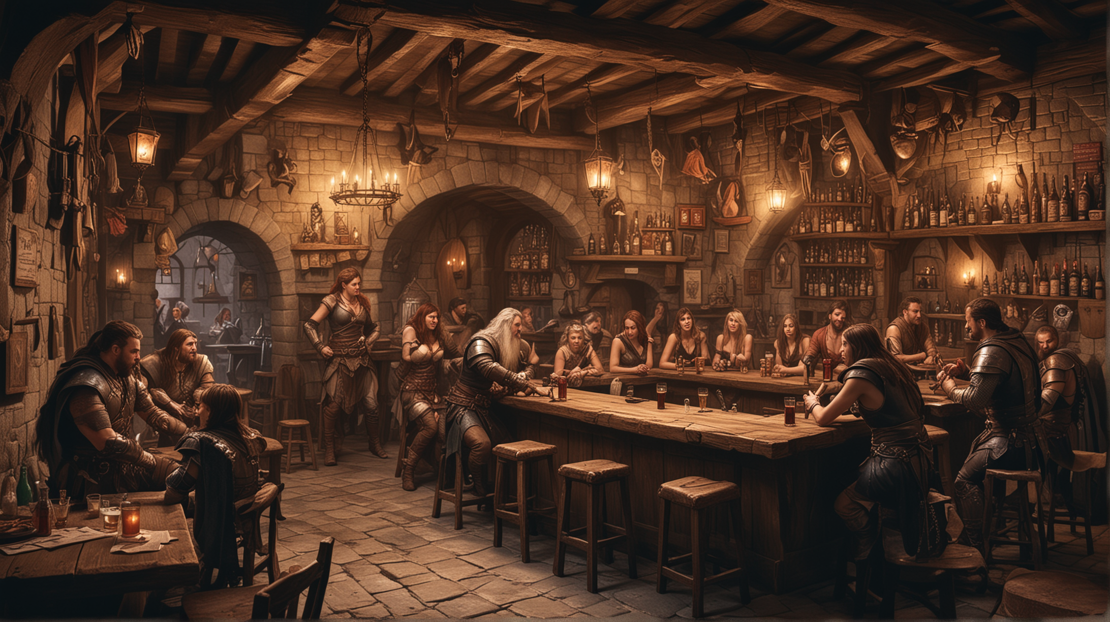 medieval bar full of dungeons and dragons characters in skimpy clothes