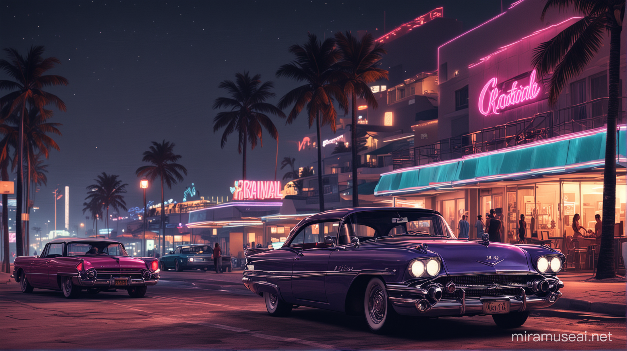 "GTA VI" loading screen, neon retro miami night beach promenade classic cars