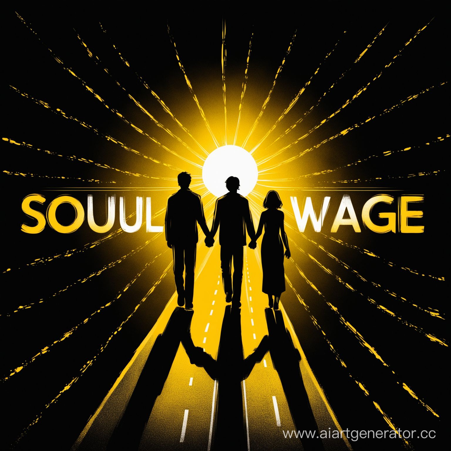 надпись "Soulwage" желтая, черный фон, дорога к солнцу, на дороге два белых силуэта людей, люди держаться за руки