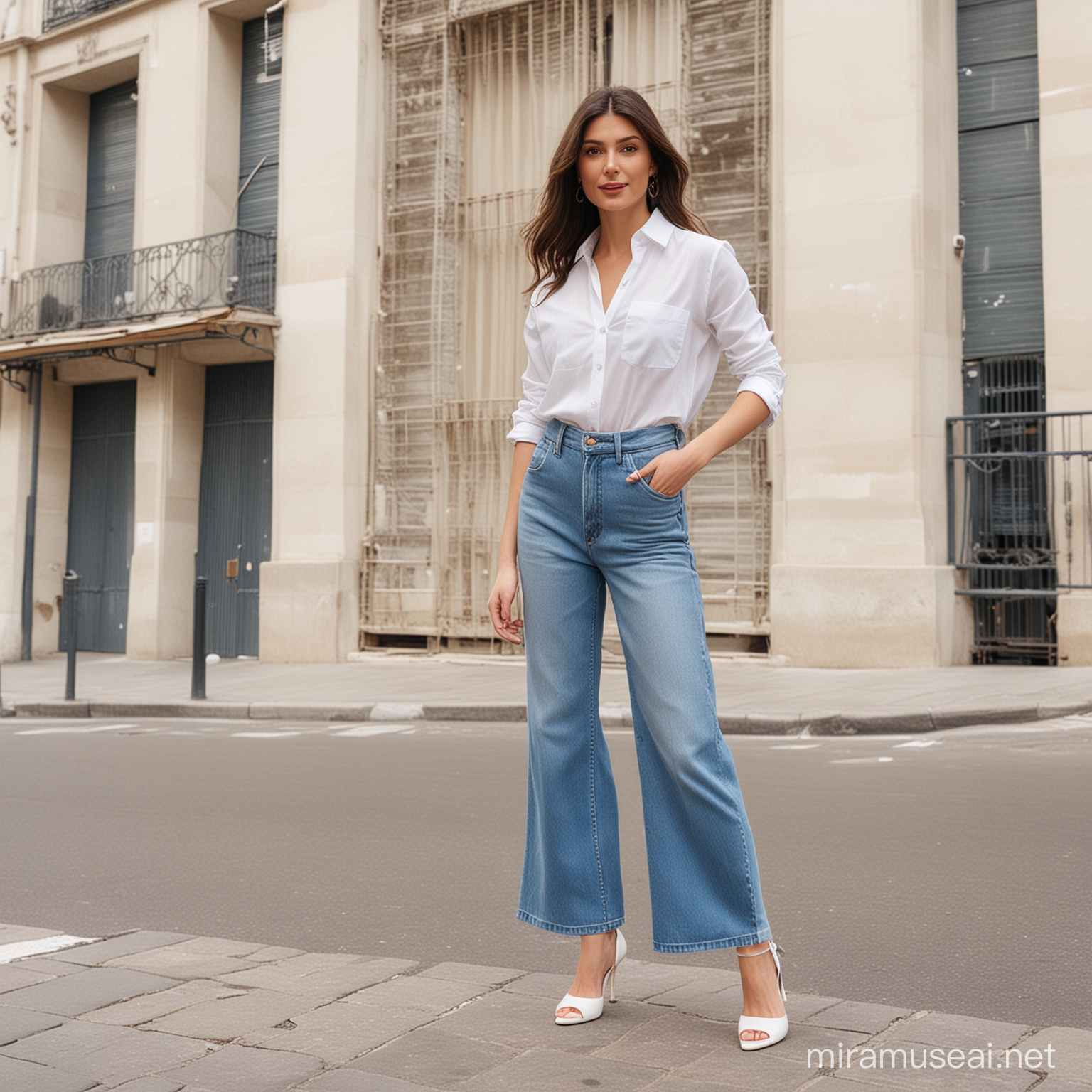 mujer con camisa blanca, pantalón jean bota ancha, tacos blancos fondo parisino