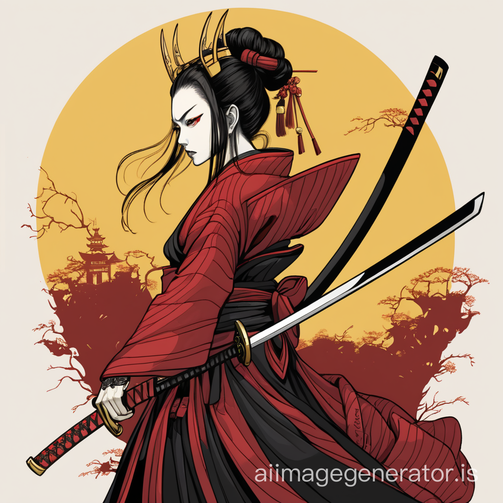 Empress, mean, katana, illustration style, yellow dark red black