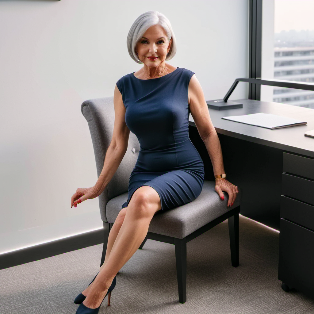 a rear full-length view of a slim beautiful 70-year-old woman with grey hair in a bob and big breasts wearing a skintight  navy dress and stiletto heels sitting in an office