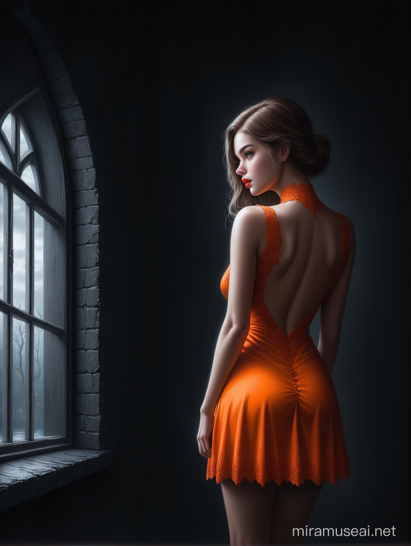 Neon Vision Beautiful Young Woman in Orange Dress Gazing Out Window